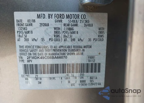 2008 Ford Edge Limited from USA, damaged, VIN 2FMDK49C08BA66070